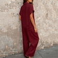 thumbnail image 4 of Women's Solid‑Color Short‑Sleeve Button‑Front Jumpsuit V‑Neck Loose Casual Wide‑Leg One‑Piece Long Pants with Pockets Wine XXL(XXL), 4 of 5