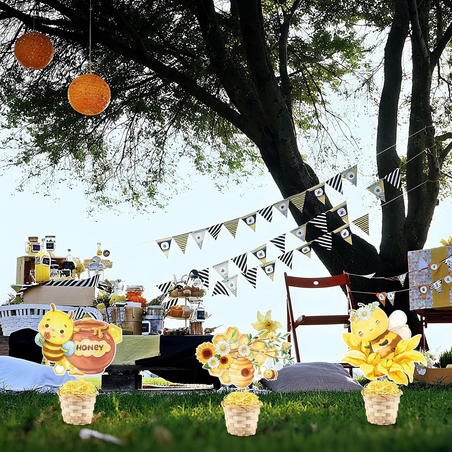 6 Set Bee Bumble Honeycomb Baby Shower TableCenterpieces Decortion with Bamboo Basket A Little Bee Is On The Way Welcome Oh Baby Boy Girl Gender Reveal Party Birthday Nursery Cake Toppers Tiered Tray