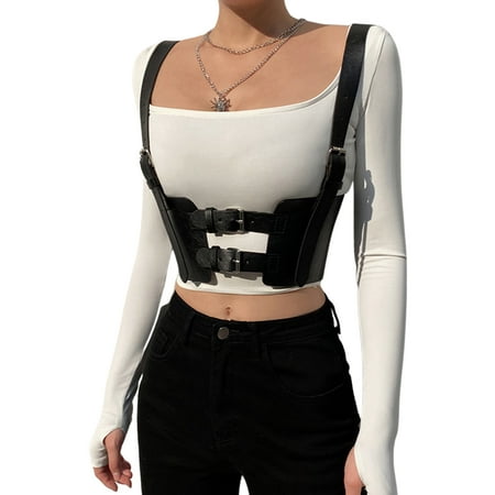 KOMOO Women Mesh Hollow Corset Bustier Adjustable Body Shaper Waist Trainer Leather Girdle Corset
