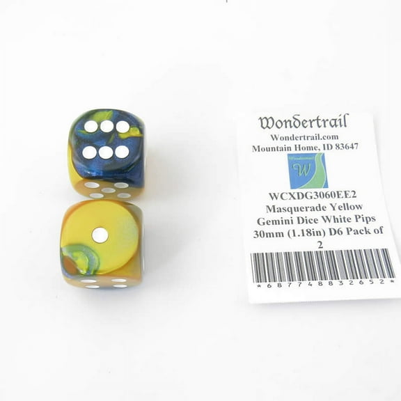 Masquerade and Yellow Gemini Dice with White Pips 30mm (1.18in) D6 Pack of 2 Wondertrail