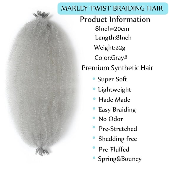 WEIF-3 Packs Springy Afro Twist Hair 8 Inch Marley Twist Braiding Hair Gray Kinky Braiding for Women Short Marley Twist Wrapping for Soft Locs Hair Extensions…