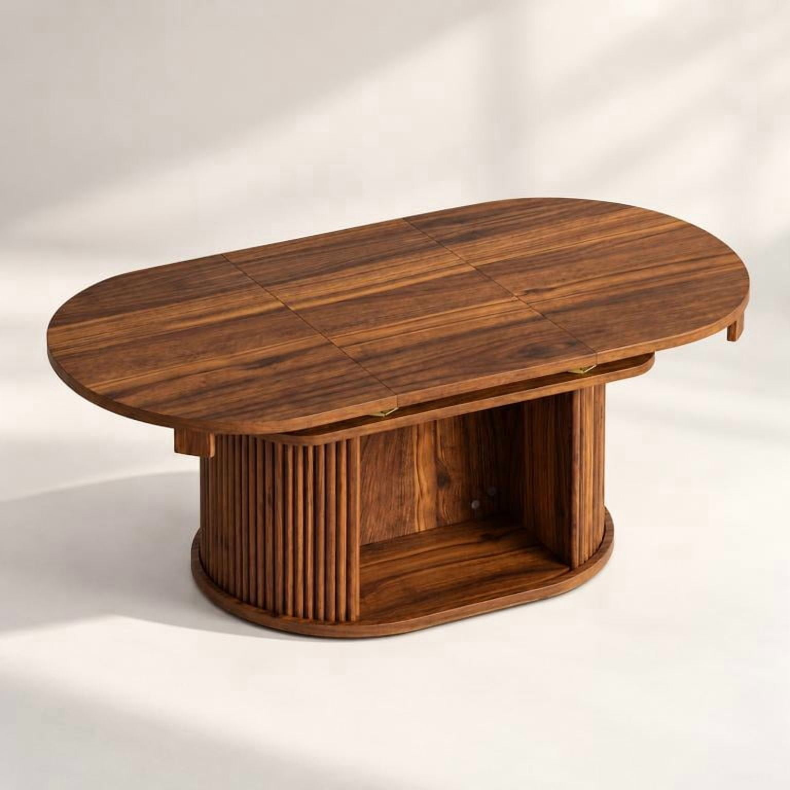 Lacoo Extendable Oval Coffee Table with Storage, Fluted Base with Cubby for Living Room, Den, Brown