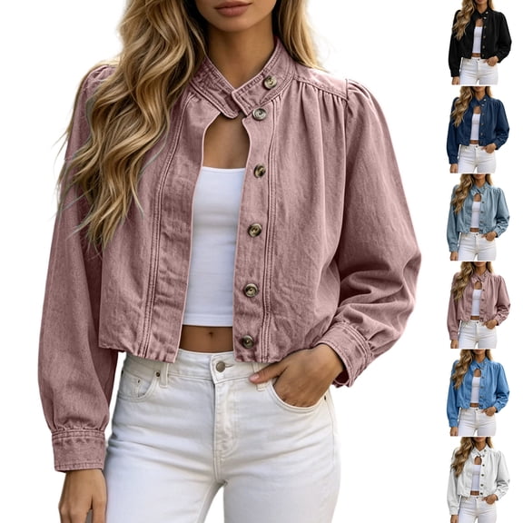 TGSLY Fall Cropped Denim Jacket for Women Lightweight Stand Collar Long Sleeve Coats Loose Casual Button Down Solid Color Jean Jacket XXL