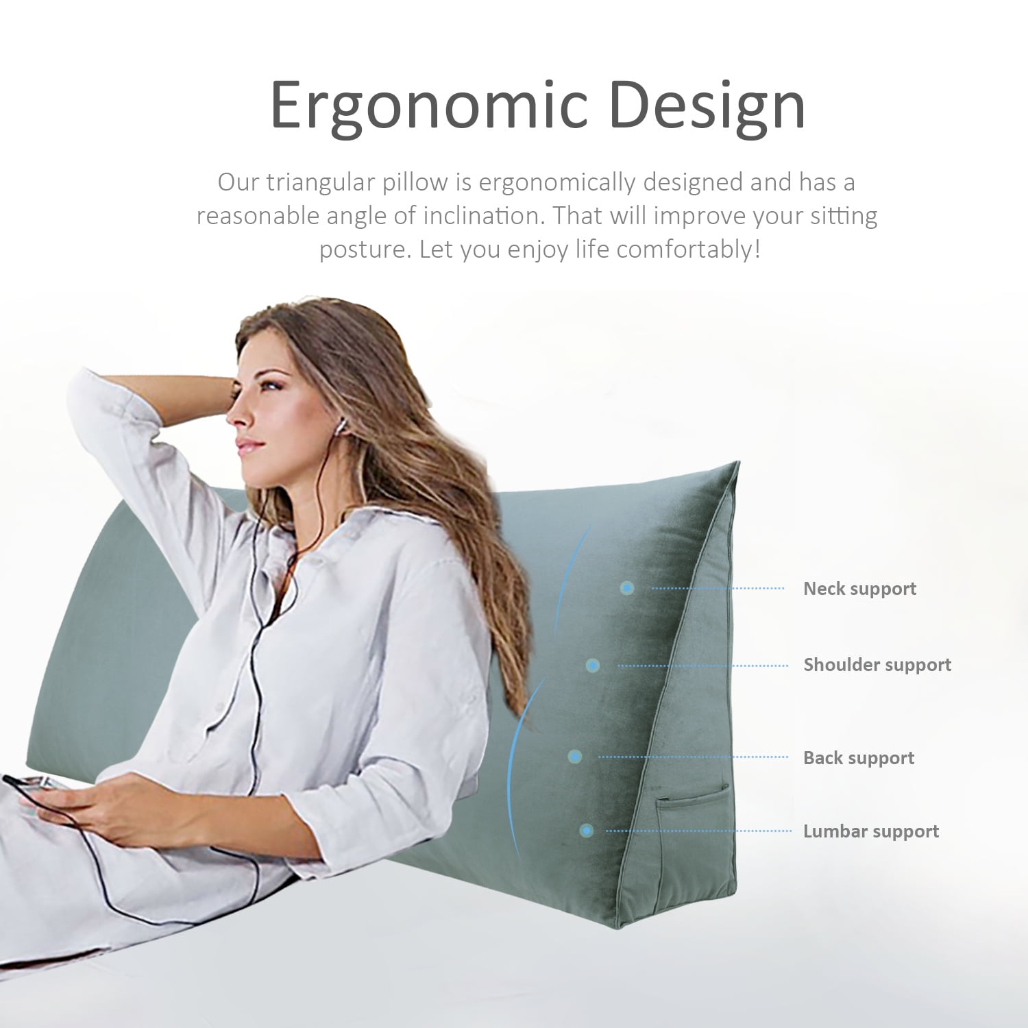 WOWMAX Large Reading Bed Wedge Pillow , Triangular Upholstered Headboard, Backrest Back Support for Sitting Up in Bed With Removable Velvet Grey Cover, Queen