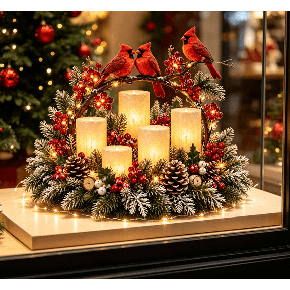 Cardinal Christmas Table Arrangement Flameless Candle Table Decor with Frosted Pine Branches Berries and Warm String Lights