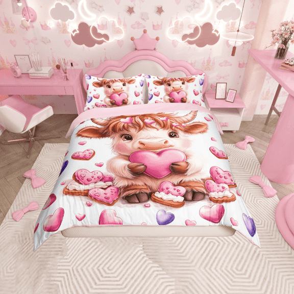 Erosebridal Cartoon Highland Bull Duvet Cover Twin, Pink Purple Love Heart Print Bedding Sets Twin Size, Reversible 2-Piece (No Comforter)