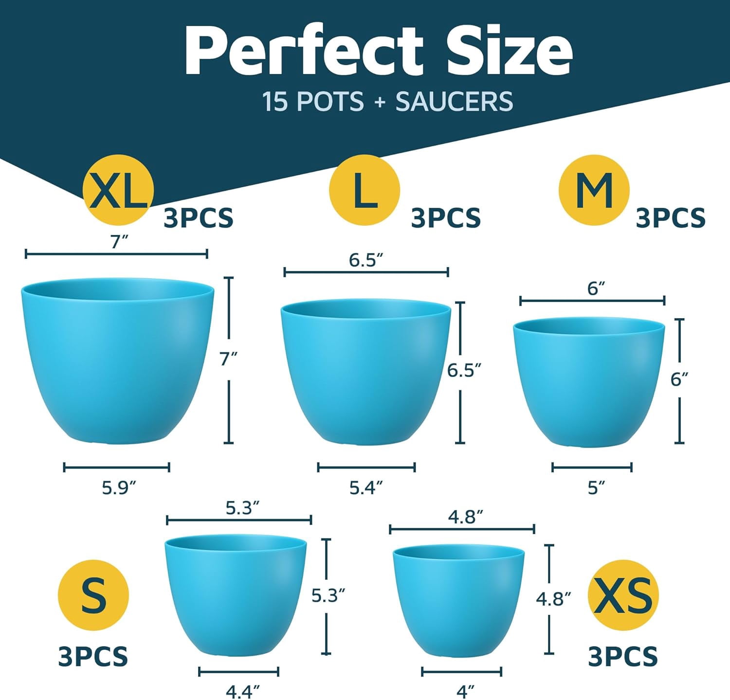 Blue Plant Pots with Drainage Holes & Saucers 15 Packs, Indoor & Outdoor Stackable Plastic Planters in Multiple Sizes for Houseplants & Flowers, Durable & Weatherproof Materials, Matte Finish