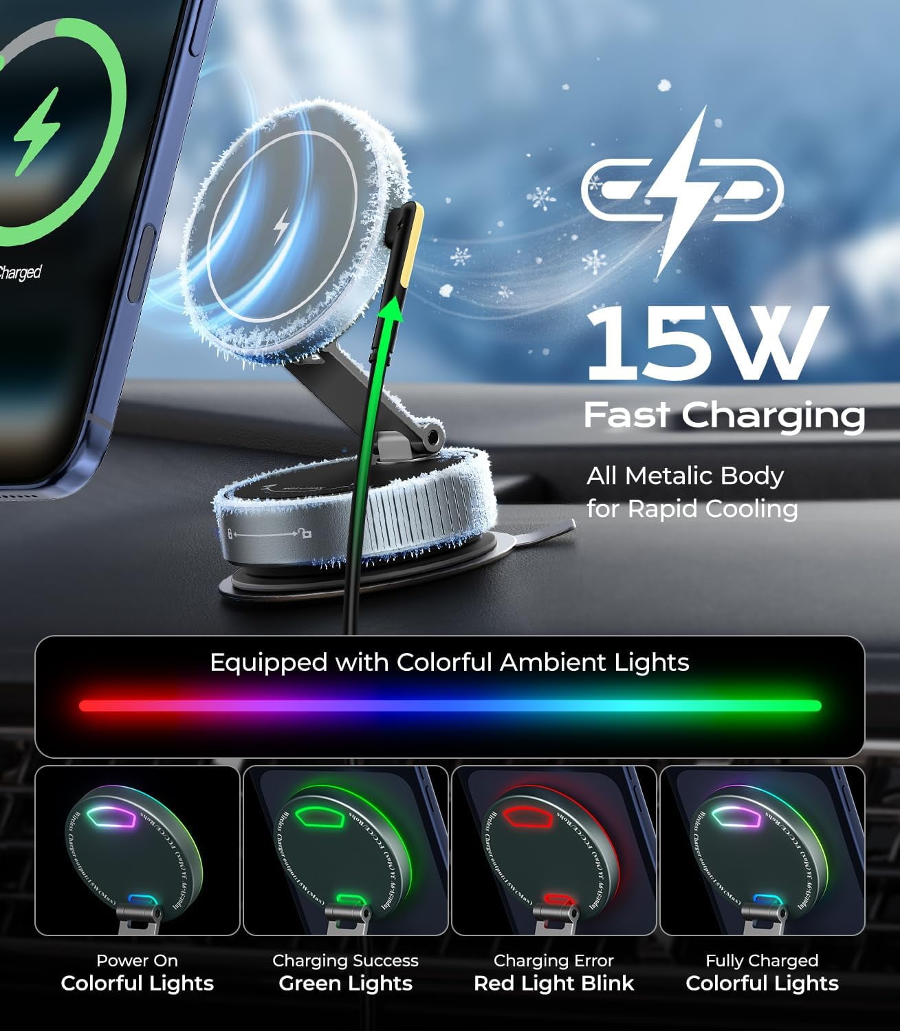 FHDFHD for MagSafe Car Mount Charger, 15W Wireless Charger Stand with Vacuum Suction Cup, Magnetic Phone Holder for Car, for iPhone 17 Pro Max 16-12 & Android, 360°Adjustable & Foldable Phone Stand