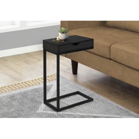 C-shaped Accent Table for Living & Bedroom, Black Laminate & Metal, Slides Under Furniture, Storage Drawer