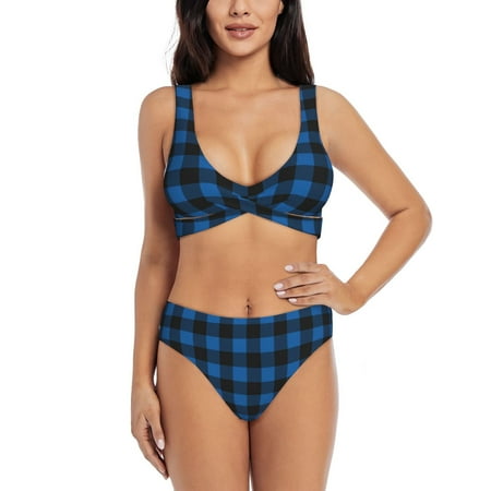 Zeuib Blue Black Plaid High Waisted Tummy Control Bikini Set - Knot Front Push Up Top & Cheeky Thong Bottom  Two-Piece Swimsuit for Women-X-Large