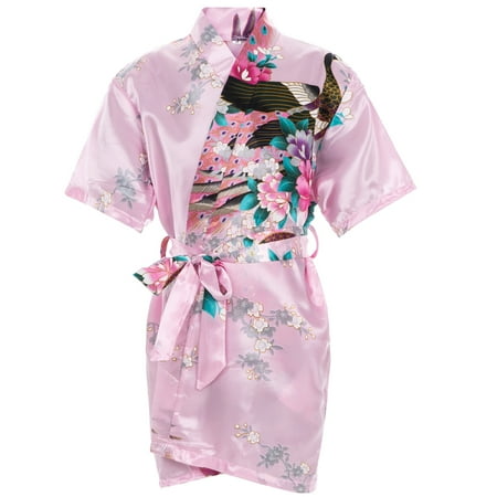 Mr & Mrs Right Kids Satin Floral Kimono Robe Flower Girl Bathrobes for Wedding Spa Party Gifts Bridal Lingerie Sleepwear Bathrobe Peacock