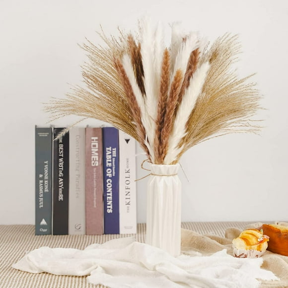 60Pcs Natural Dried Pampas Grass Decor Bouquet Fluffy, 17'' Boho Bouquets for Wedding, Feather Decor for Vase, 15 Natural Pampas/15 White Pampas/30 Reed Pampas