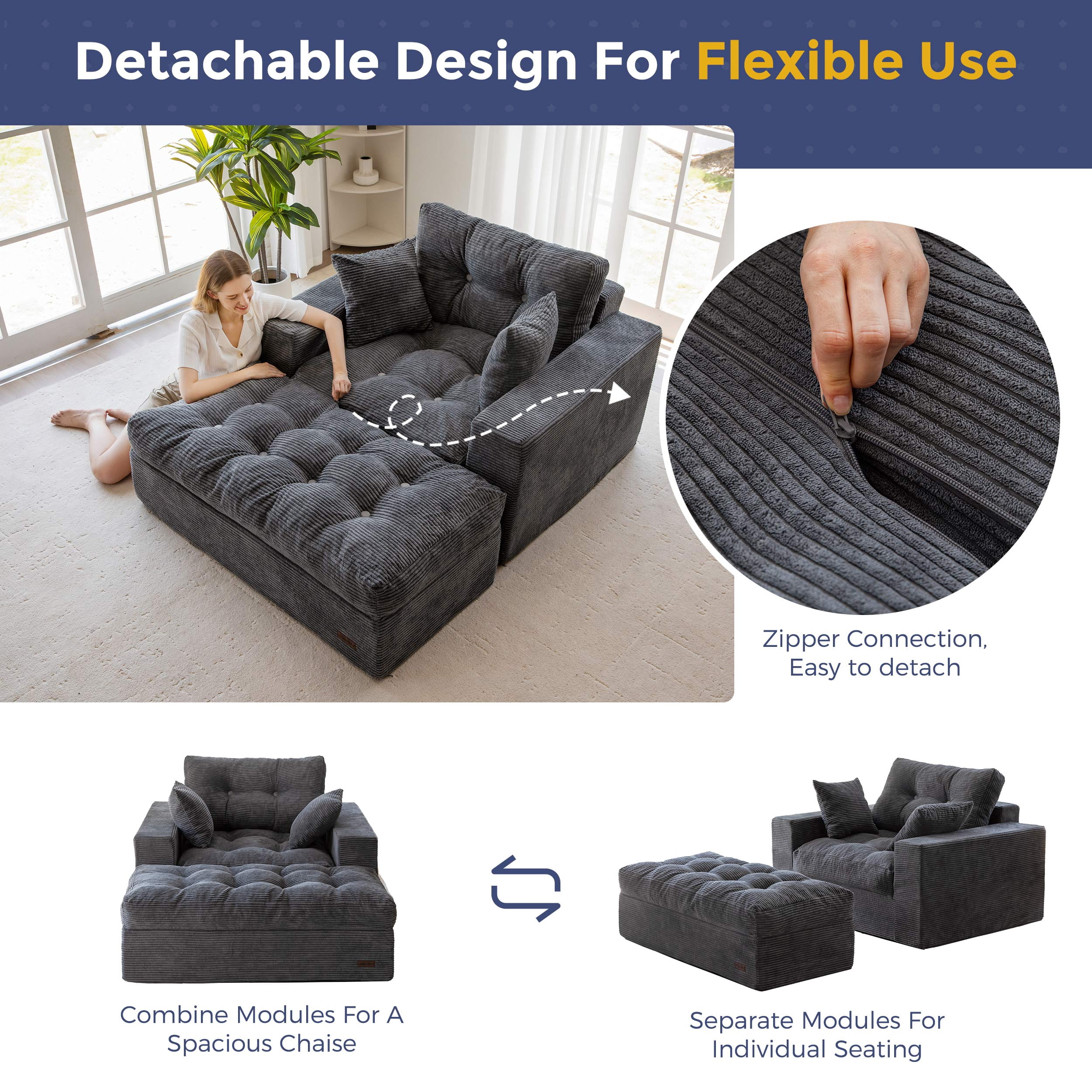 BYBYME Chaise Lounge Chair Indoor,Cloud-Plush Corduroy Boneless Floor Sofa Bed,Cozy Sleeper Couch with Pillows for Living Room with Ottoman,Dark Grey
