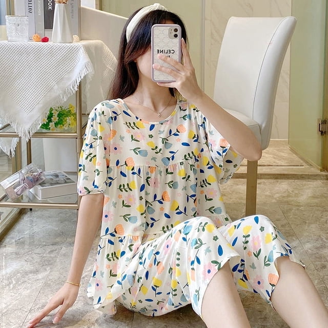 Pijama de seda de algodón de manga corta de verano para mujer, estilo occidental, fino, con aire acondicionado, ropa de casa, traje de seda de algodón para estudiantes dulces para niñas