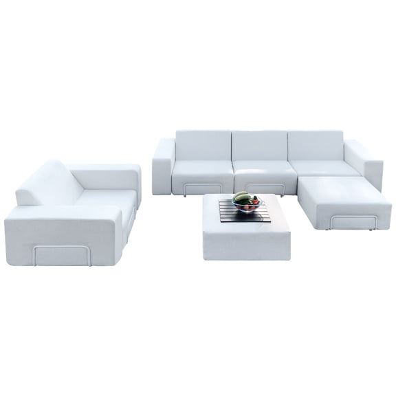 Boneless 99” Modular Compression Sectional Sofa Set with Ottoman, Outdoor Waterproof Fabric, Tool-Free Assembly, White 6-Seater Patio Couch with Coffee Table For Living Room Bedroom