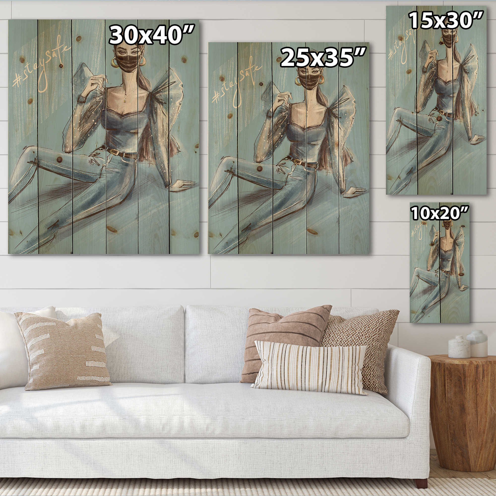Designart 'Stylish Beautiful Woman Wearing Medical Mask' Traditional Print on Natural Pine Wood