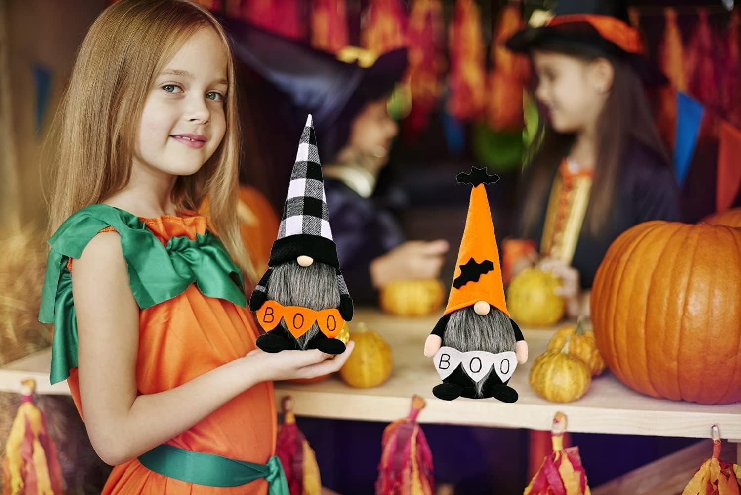 Set of 2 Halloween Plush Gnomes with BOO Banner and Bat for Festive Decor