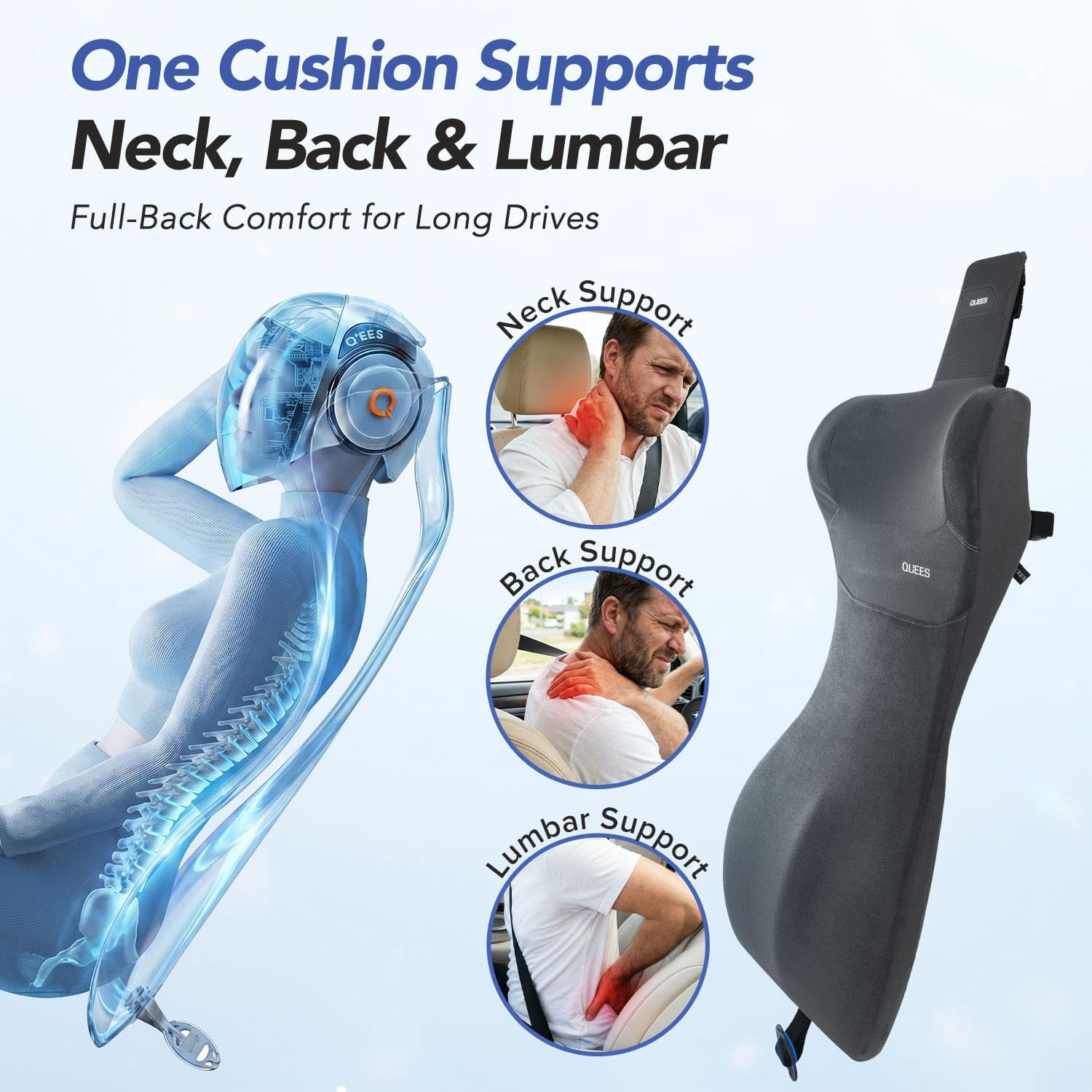 QUTOOL Car Lumbar Support Pillow with Headrest, One-Piece Full Back Memory Foam Cushion, S-Curve Support for Cars SUVs Trucks