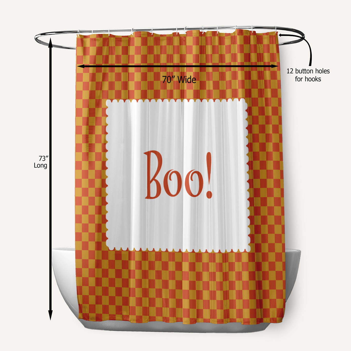 Simply Daisy 70" W x 73" L Halloween Boo Checks Polyester Shower Curtain, Rust [1 Ct]