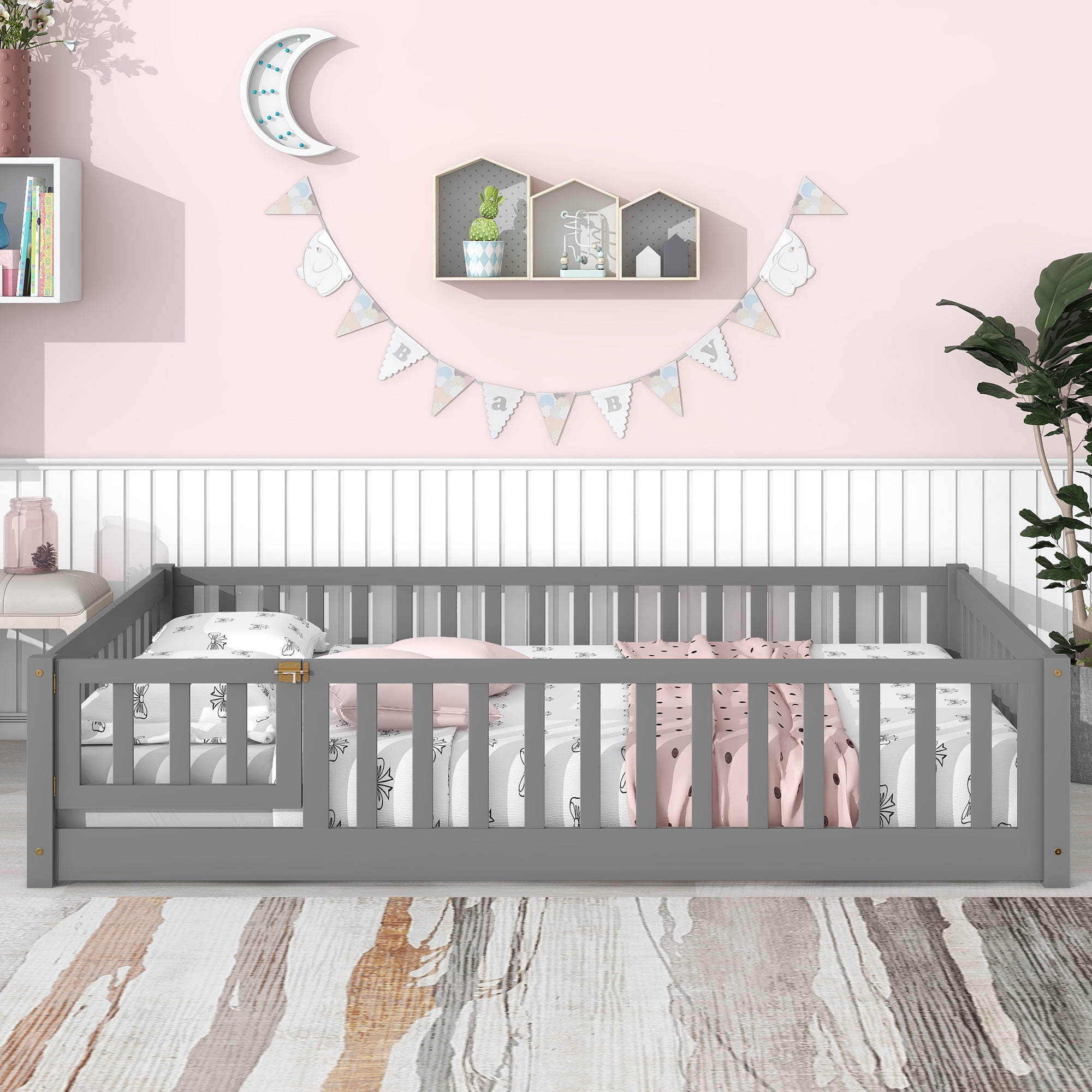 UHOMEPRO Full Size Floor Bed with Door and Fence for Kids, Toddler Bed Montessori Floor Bed with Slats and Safety Guardrails, Solid Wood Full Bed Frame for Girls Boys Kids Bedroom, Gray