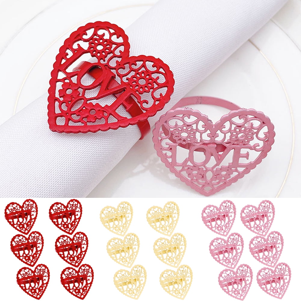 6Pcs Valentine's Day Napkin Rings Heart Napkin Ring Holders Red Shaped
