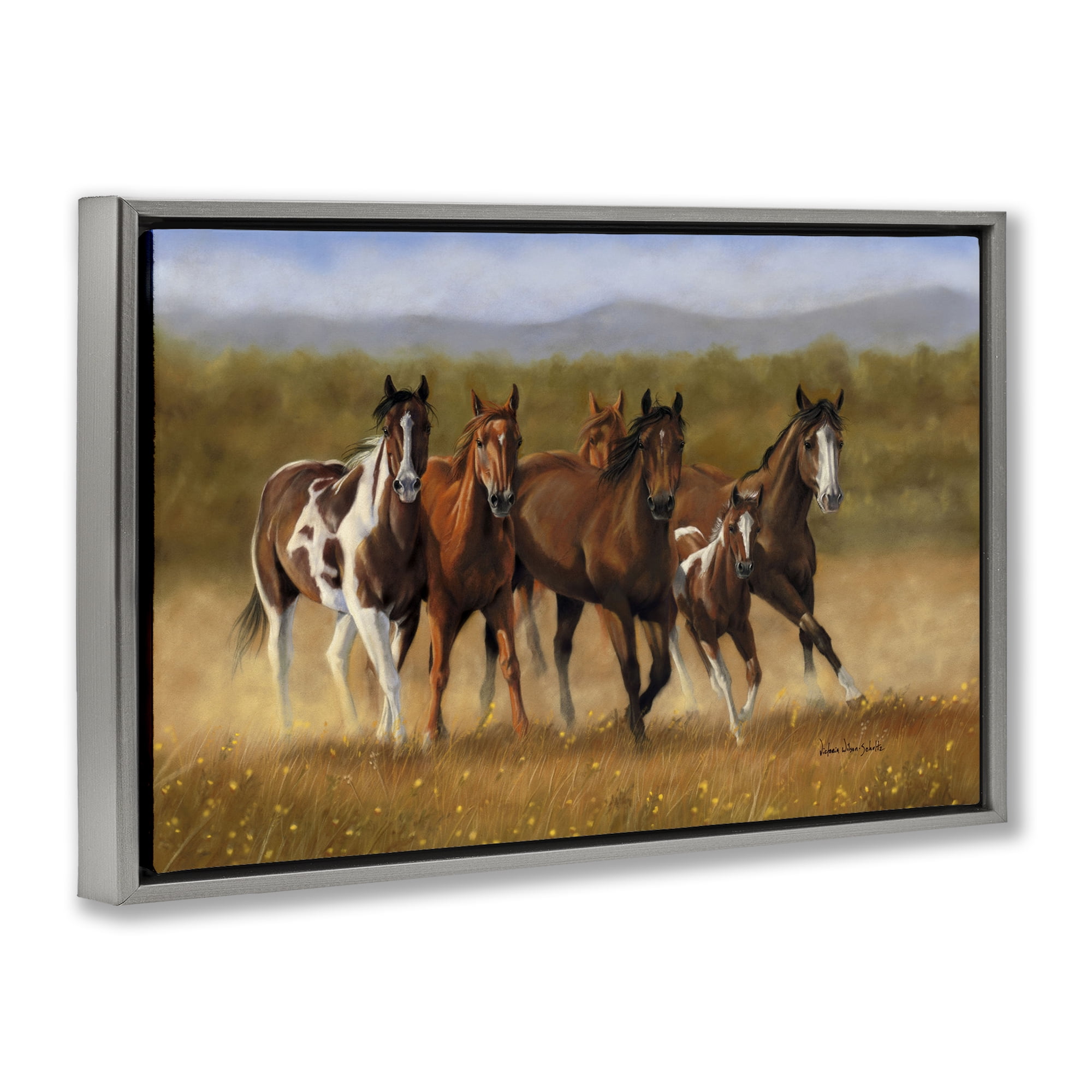 Stupell Industries Foal's First Run Animals & Insects Painting Gray Floater Framed Canvas Art Print Wall Art, 31 x 21