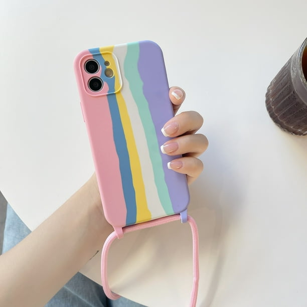 Funda de silicona líquida con correa para colgar en el cuello para iPhone 14 13 12 Mini 11 Pro Max XS X XR 6 7 8 Plus Candy Colorful Rainbow Cover Tan Jianjun unisex