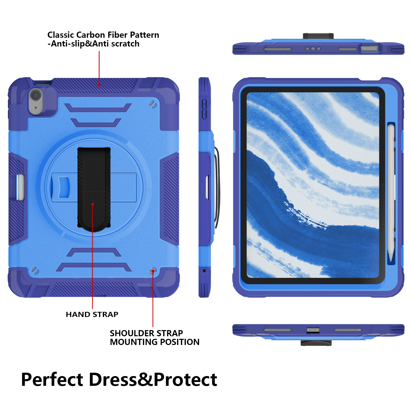 Casetego for iPad Air 6th/5th/4th Generation Case (10.9”, 2024/2022/2020),Shockproof Heavy Duty [360 Rotating Stand] [Hand Strap] [Pencil Holder] iPad Air 6/5/4 for Case Kids Girls Gifts,Blue