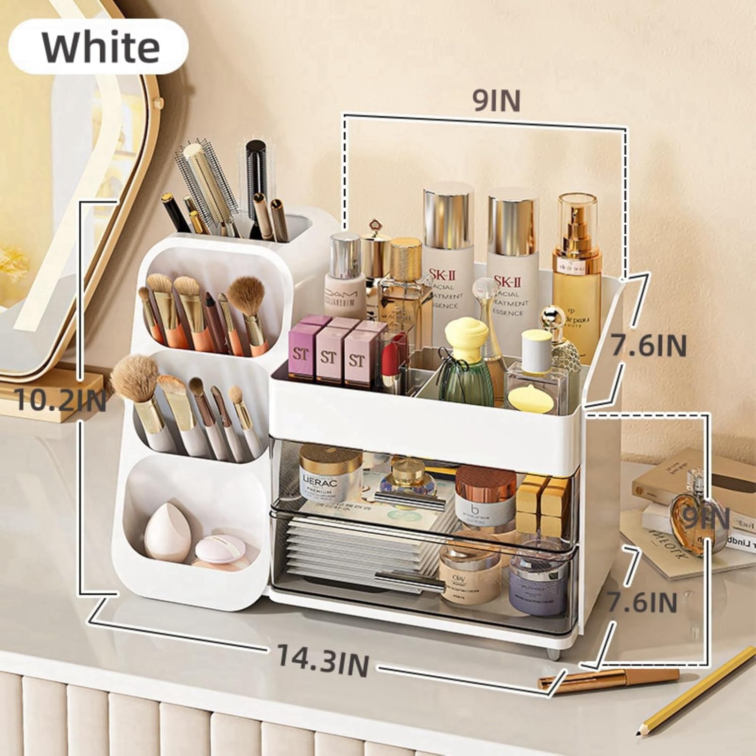 BAODELI Large Makeup Organizer with Brush Holder, White photo 2