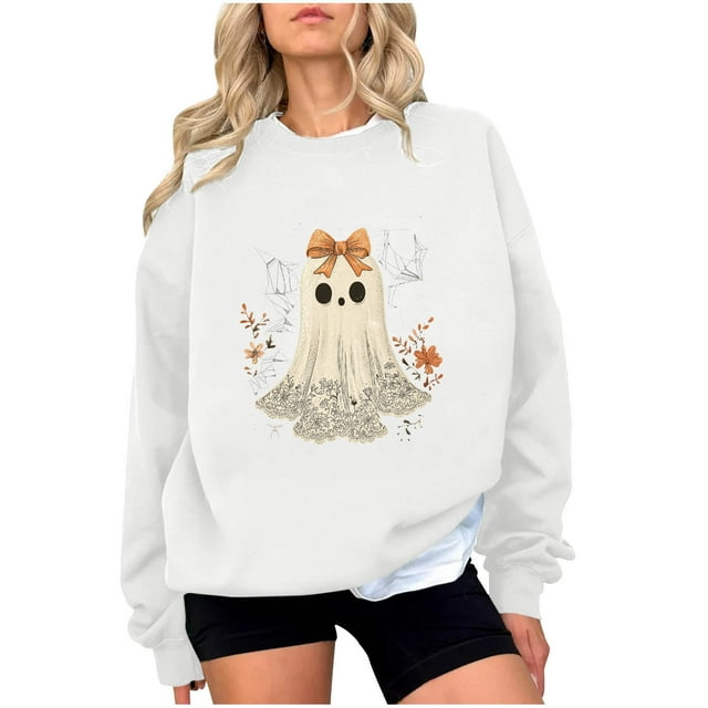 Chandail en Molleton Imprimé Fantôme pour Femmes Chandail Léger et Chaud Blouses Col Rond Manches Longues Ultra Doux Texturé Tenues de Printemps 2025 Chandail Automne Hiver Vêtements