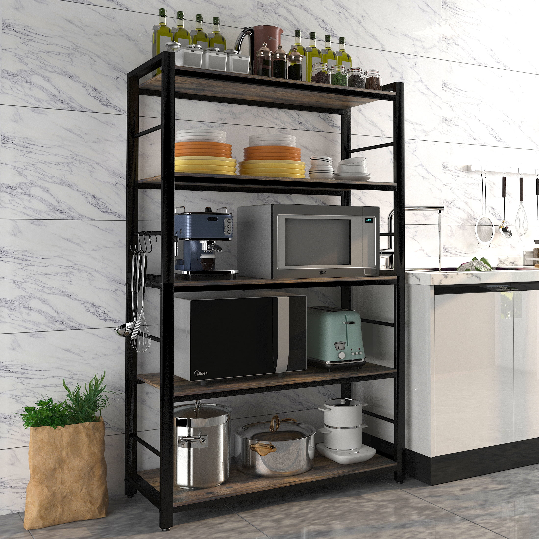 NAIYUFA 5-Tier Kitchen Baker’s Rack with Storage,Large Bakers Rack with  Cabinet, Heavy Duty Oven Stand Microwave Rack,Free Standing Kitchen Utility
