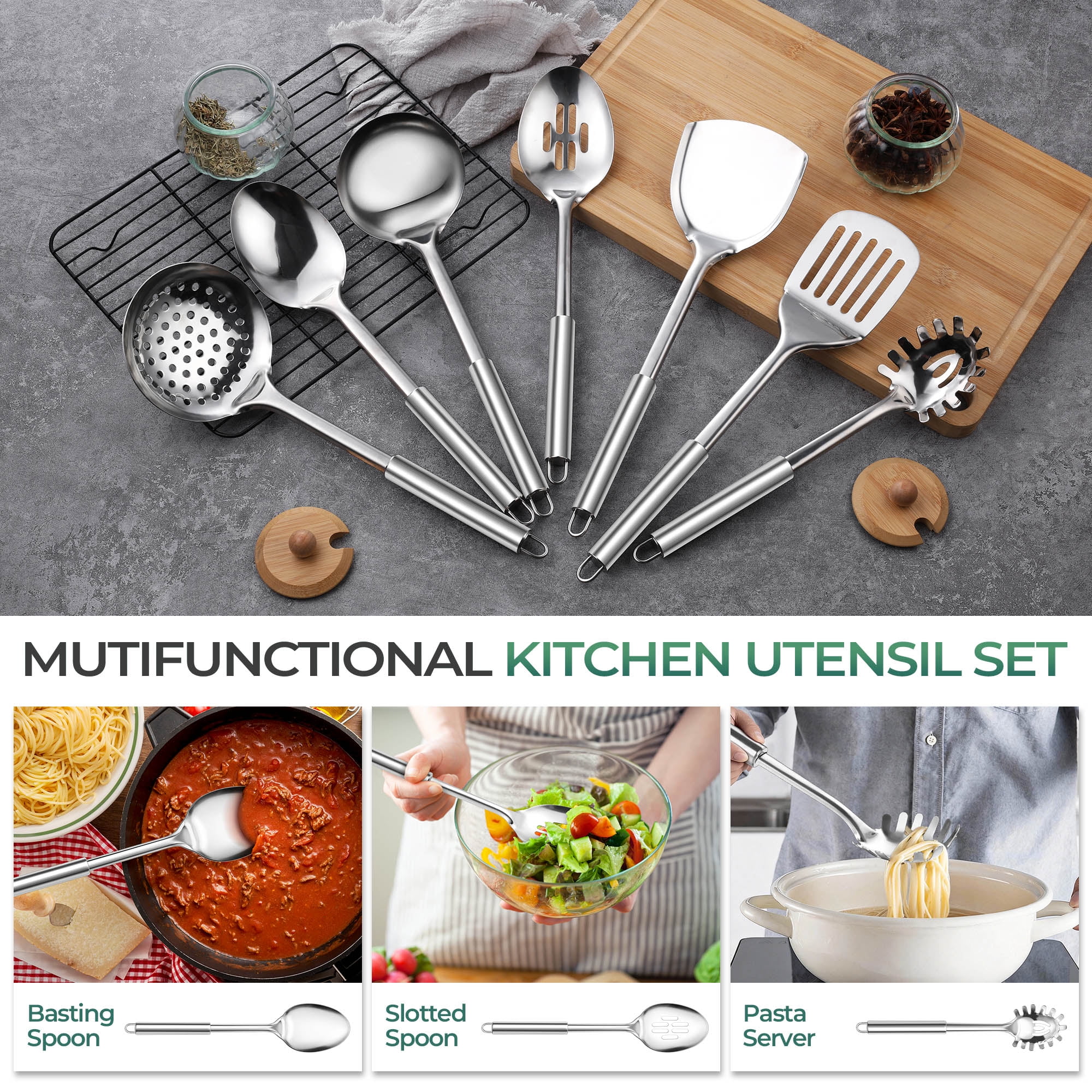 Walchoice Kitchen Utensils Set, 7 PCS Stainless Steel Cooking Tools, Metal Kitchen Tools Set, Heat Resistant & Dishwasher Safe