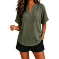 thumbnail image 3 of Summer Sales Womens Summer Tops Loose Comfy V‑Neck Linen‑Cotton Short Sleeve Summer Blouses Oversized Tshirts for Women Under 12$, 3 of 9