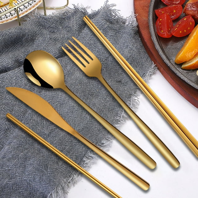 Juego de cubertería de acero inoxidable 7 piezas | Cuchillo portátil, tenedor, cuchara, palillos, cepillo de pajita, bolsa para guardar | Espejo pulido, a prueba de óxido | Multicolor | Acampada de