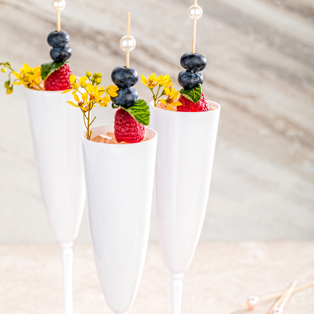 Bev Tek 4 oz White Plastic Wedding Champagne Flute - 1-Piece - 7 1/2" x 2 1/4" x 2 1/4" - 20 count box