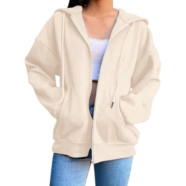 WTXUE Womens Zip Up Hoodies Sweatshirt Jacket Cute Lightweight Jackets Trendy Hooded Workout Fall with Pockets Oversized Sweatshirt Open Front Cardigan Long Sleeve Blouses Casual Tops Beige L