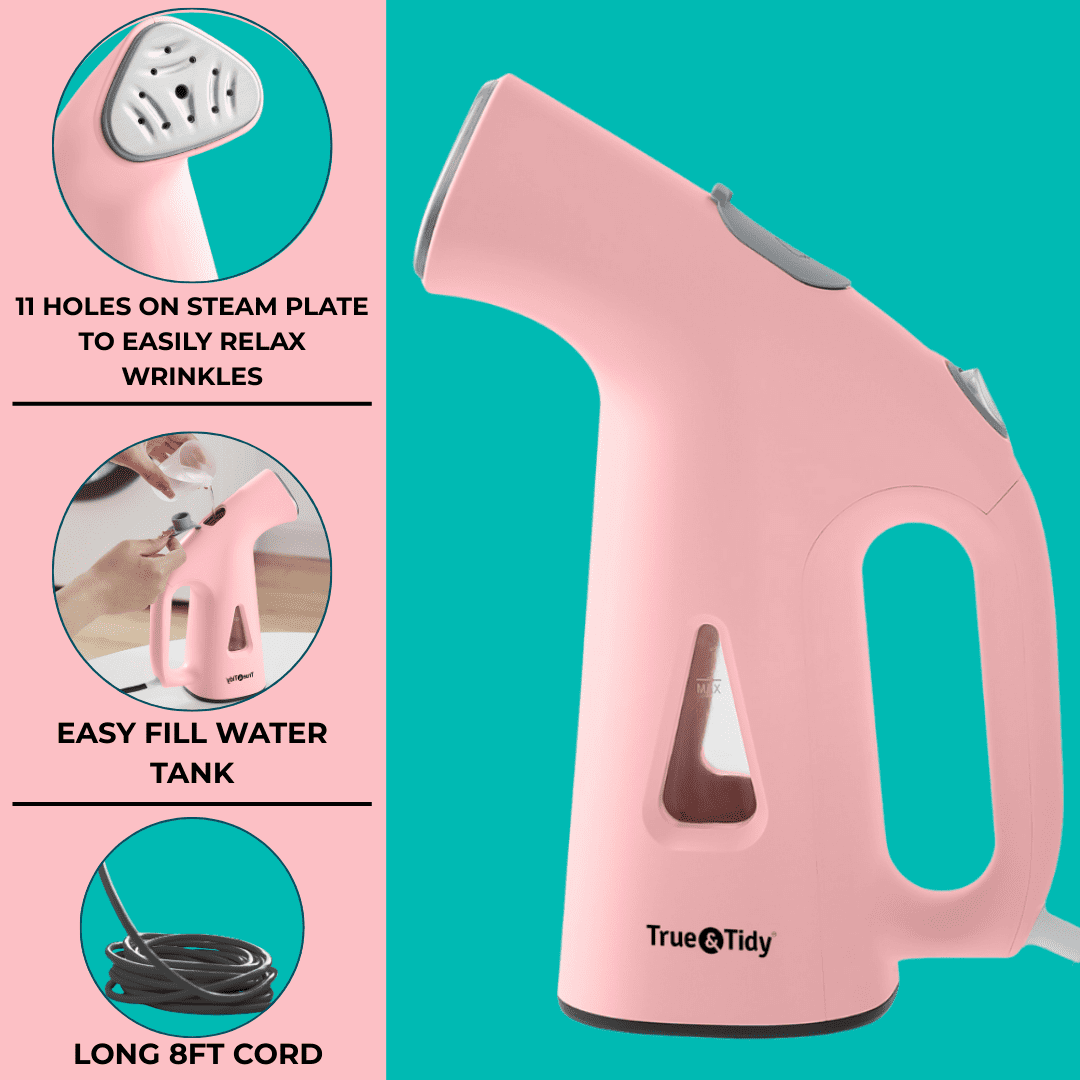 True & Tidy Portable Vertical Fabric Steamer for Home and Travel, Pink
