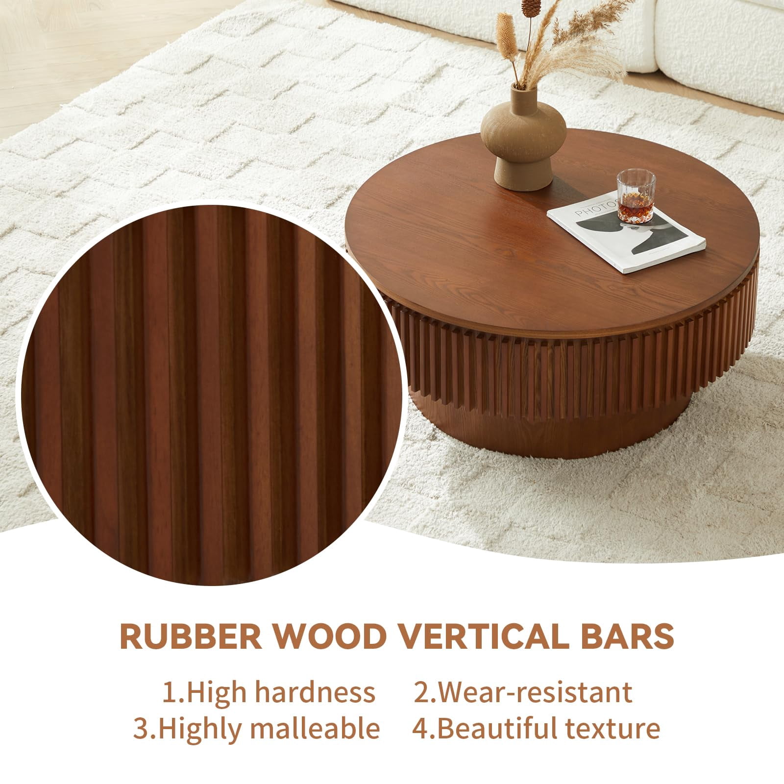 31.5" Round Fluted Drum Coffee Table with Hidden Storage, Modern Slatted Accent Table for Living Room & Small Spaces,Walnut