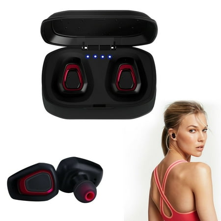 In Ear Headphone Bluetooth Mini True Wireless Earbuds TWS Bluetooth Sport Headset In Ear Stereo Headphones with Charging Box-Red ()