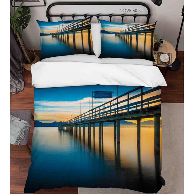 3D Sunset Sea Bridge Paisaje Funda nórdica Set Ropa de cama Set Funda nórdica