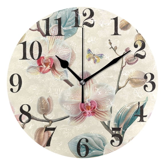 Orchid Flower and Butterfly Round Wall Clock Battery Operated Silent Non-Ticking Bedroom Office Kitchen Home School Decor 10"(Black)