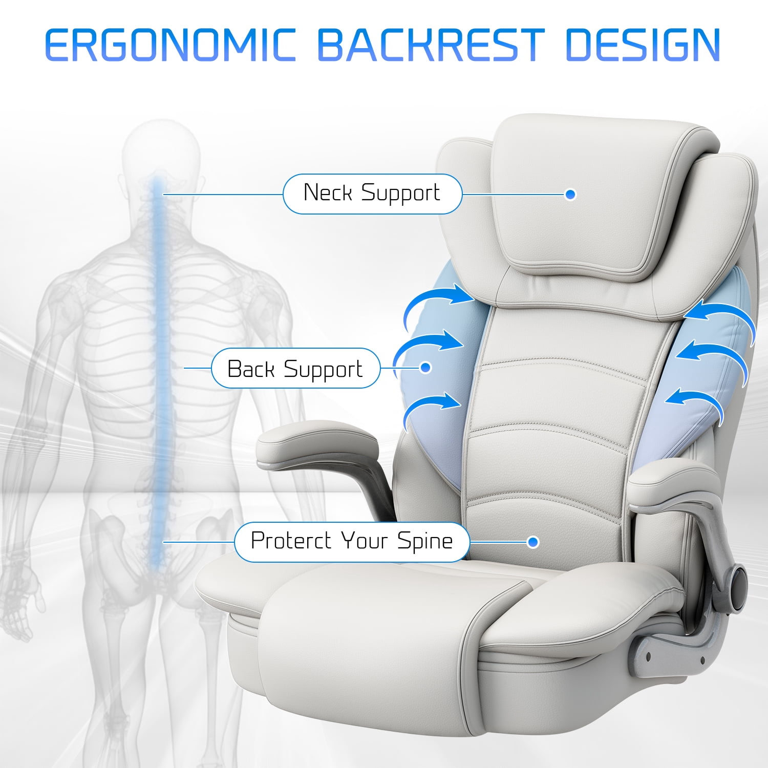 iooHug Big and Tall Office Chair 400lbs, Ergonomic Desk Chair with Lumbar Support, Flip-Up Arms, Faux Leather High Back Computer Chair for Home Office, White