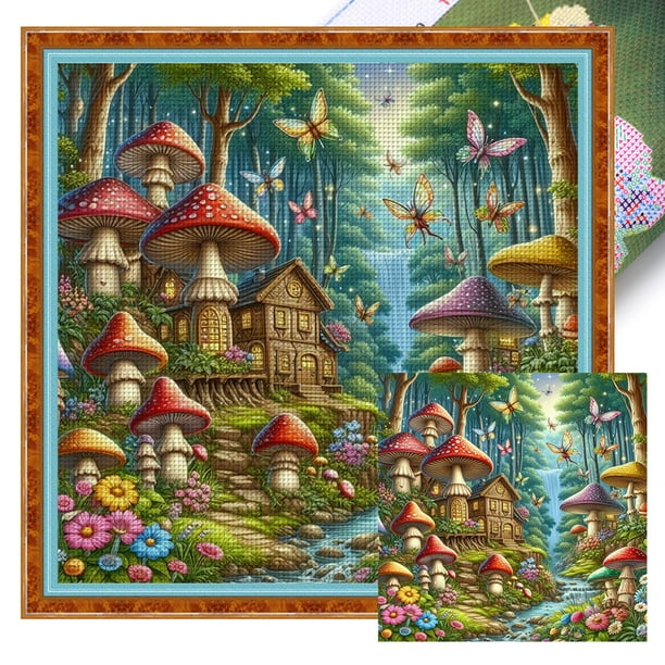 Hilo Algodón Ecológico Bordado Punto Cruz Con Casa Setas 16CT 40x40cm