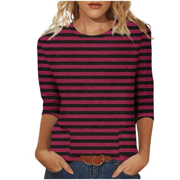 LIaqionyy 3/4 Sleeve Shirts for Women Spring Striped Crewneck Business Casual Tops Loose Work Blouses