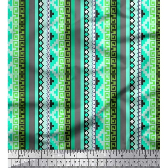 Soimoi Poly Georgette Fabric Stripe & Greek Key Geometric Print Fabric by Yard 42 Inch Wide