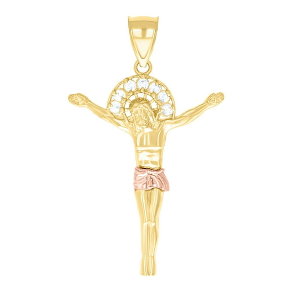 10k Two-tone Gold Mens Cubic Zirconia Jesus Christ Body Religious Charm Pendant 38.3x23mm Wide Necklace for Men