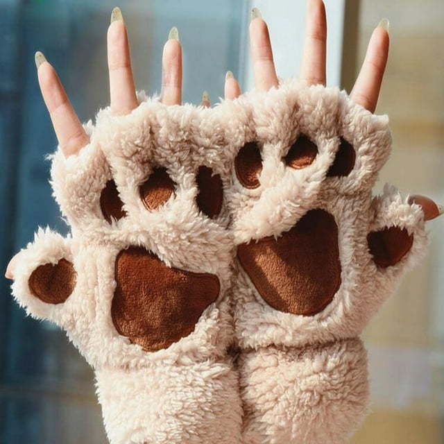 1 Paire de Gants en Peluche Patte de Chat pour Femmes, Costume Mignon d'Hiver Demi-Doigt