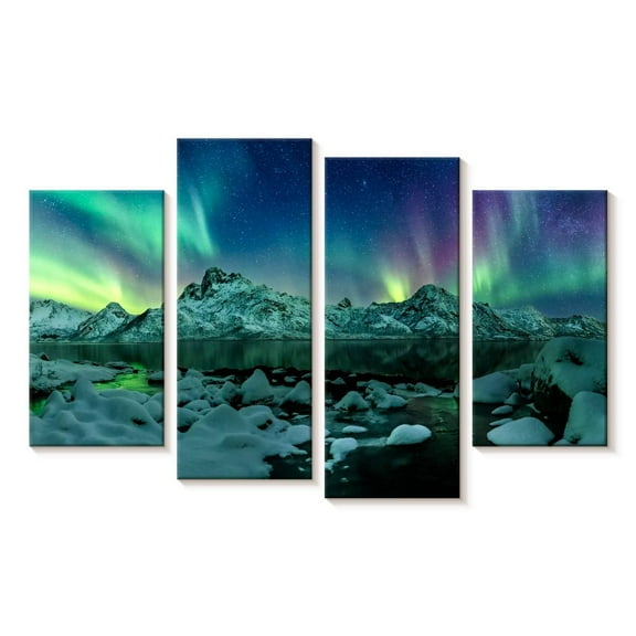 Elephant Stock Winter Creek Aurora Borealis Wall Art - Horizontal Multi Panel Canvas - Living Room Wall Decor - Nature Multi Panel - Teal And Blue Decor - 24" x 14"