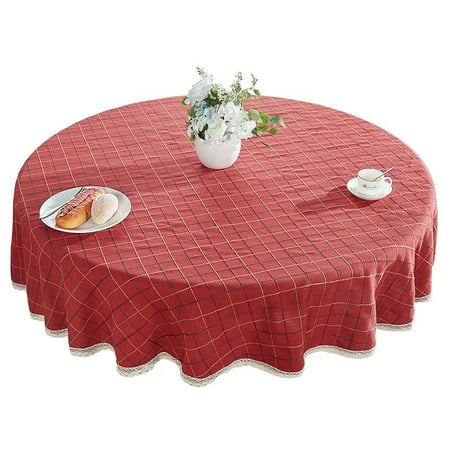 

Checkered Tablecloth With Lace thicken Cotton Linen Round Tablecloth Washable Soft And Breathable Table Cover For Living Room Balcony Garden Picnic Party-Vermilion-170cm