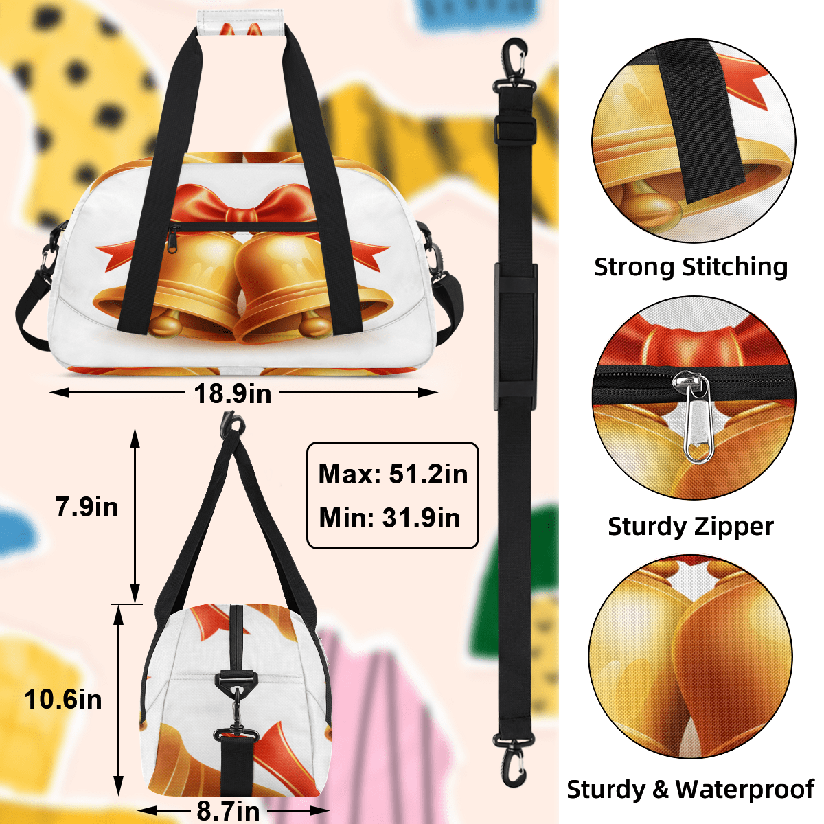 Herdesigns Christmas Sports Duffle Bag for Women & Men, Golden Bells Gym Bag Dance Bag Overnight Bag Carry On Weekender Travel Bag
